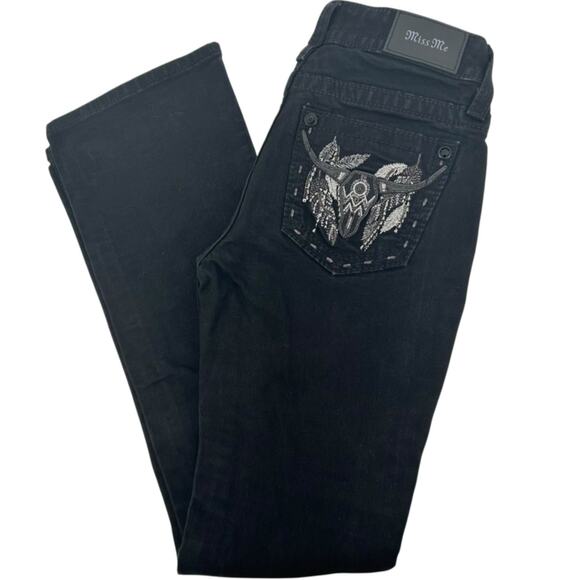 VTG y2k Women's Black Denim Low Rise Miss Me Western Feather Bootcut Jeans Sz 25 - Picture 1 of 7